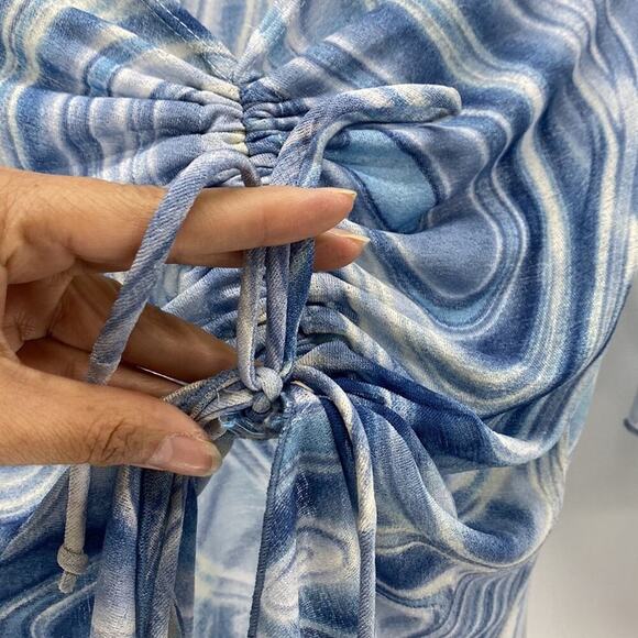 Retro Y2K marbled semi sheer adjustable top flowy sleeves form fitting sz S - Picture 5 of 7